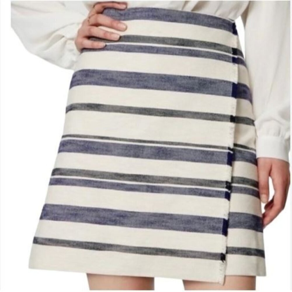 LOFT Skirt Womens 12 Ivory Blue Black Striped Faux Wrap Fringe Preppy Boho